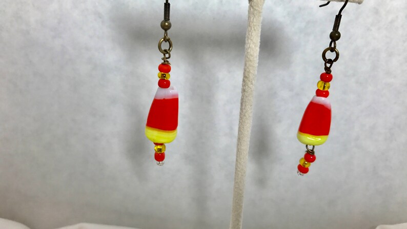 Halloween Candy Corn Lampwork Glass Bronze Dangle Earrings Doodaba