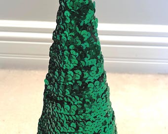 10" Green Glitter Sequins Tabletop Tree Cone Doodaba