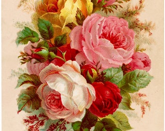 Vintage Victorian Red Rose Yellow Pink Graphic Image Art Fabric Block Barbiecore Doodaba