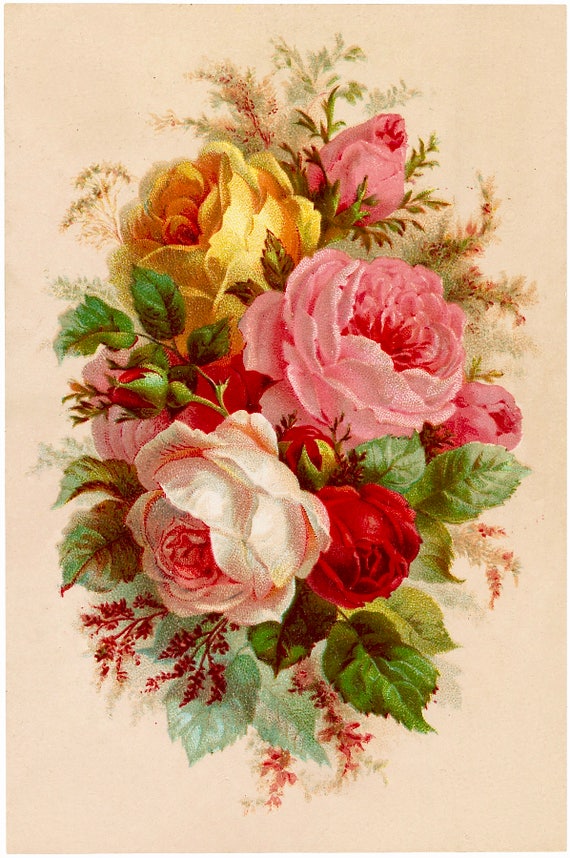 Vintage Victorian Red Rose Yellow Pink Graphic Image Art Fabric