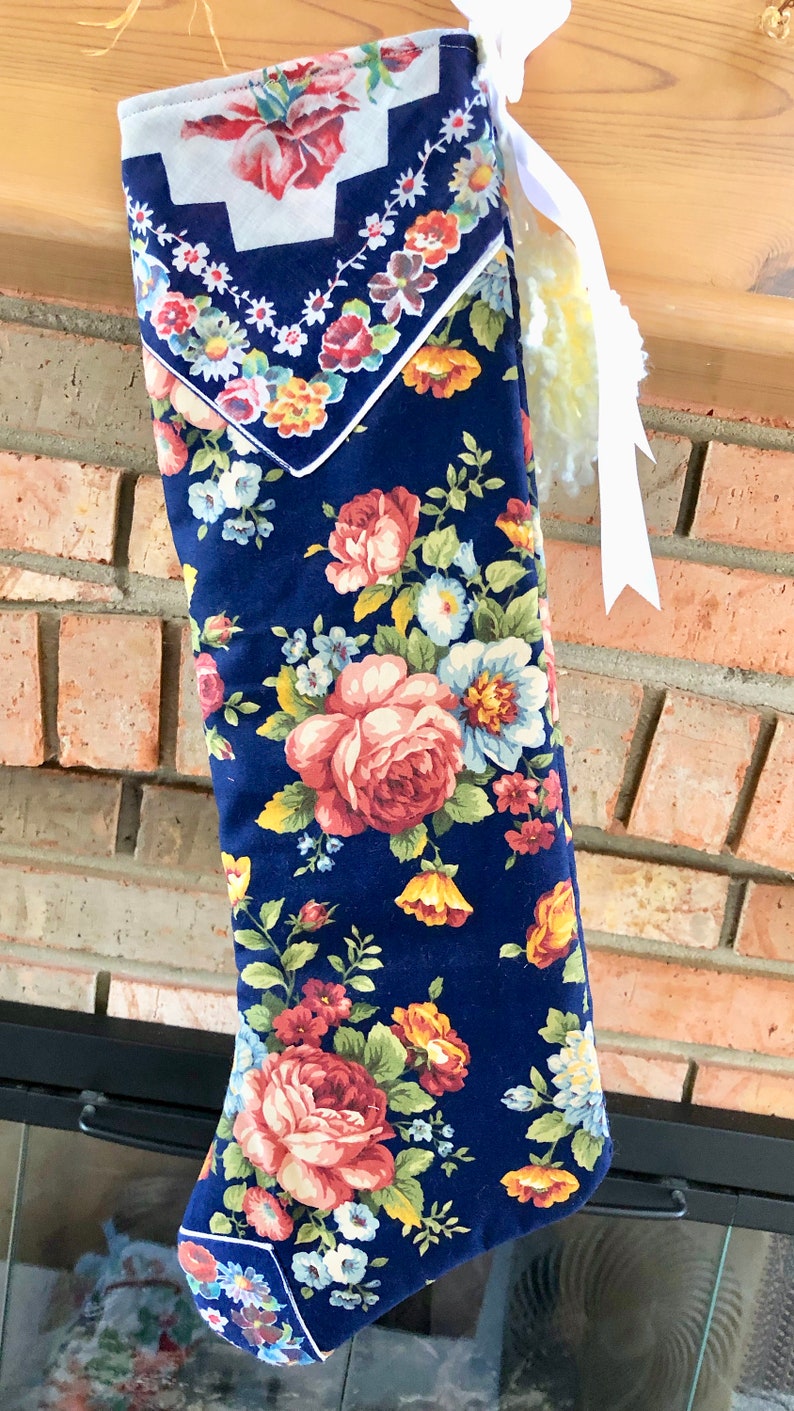 Mauve Pink Roses Navy Blue Reversible Vintage Handkerchief Yarn Tassels Christmas Stocking Shabby Chic Handmade Quilted Doodaba