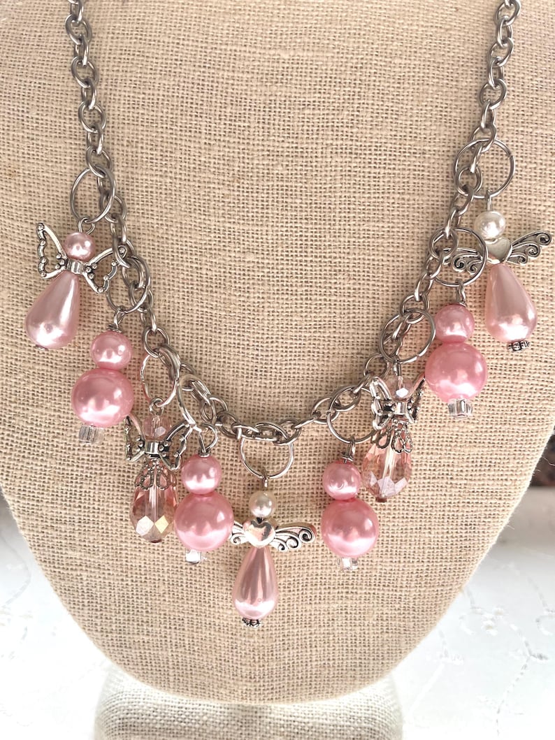 Pink Angel Pearl Crystal Necklace Assemblage Doodaba image 1