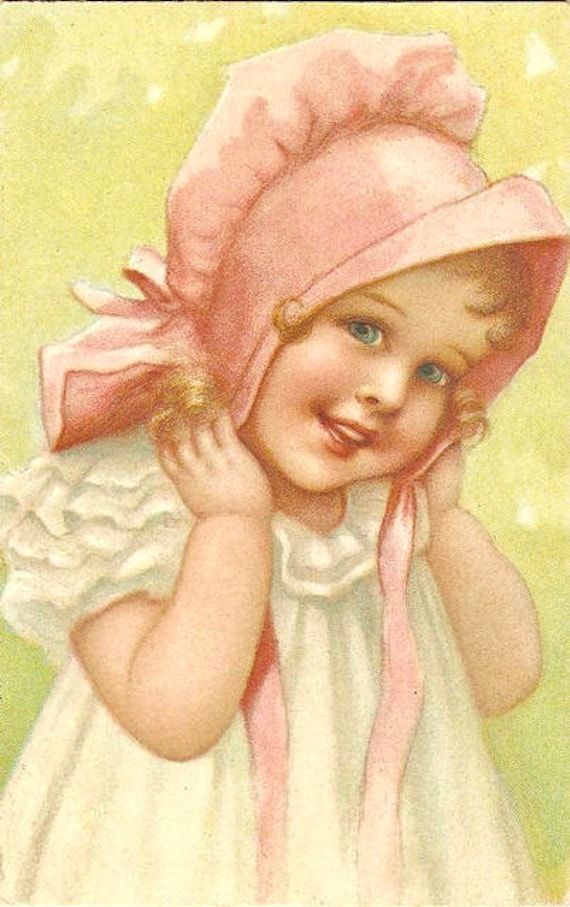 Victorian Vintage Girl Pink Bonnet Graphic Image Art Fabric Block Doodaba  Barbiecore