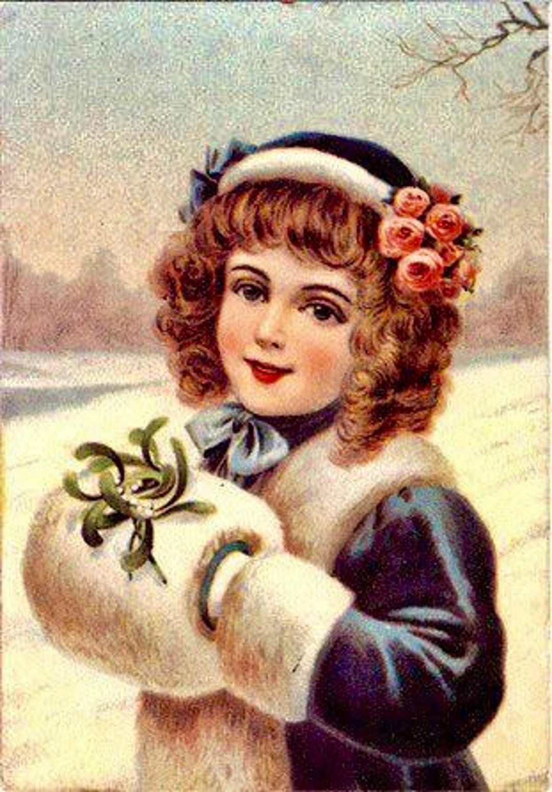 Vintage Christmas Girl Mistletoe Graphic Image Art Fabric Block Doodaba