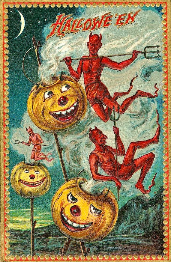 Vintage Halloween Devils Jack O Lanterns Pumpkins Graphic Image