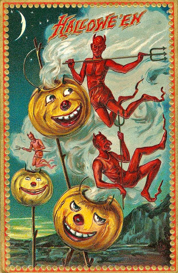 Vintage Halloween Devils Jack O Lanterns Pumpkins Graphic Image