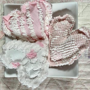 Pink Primitive Set of Three 3 Vintage Cotton Chenille Heart Fabric Dough Bowl Filler Ornie Tiered Tray Shabby Chic Handmade Doodaba