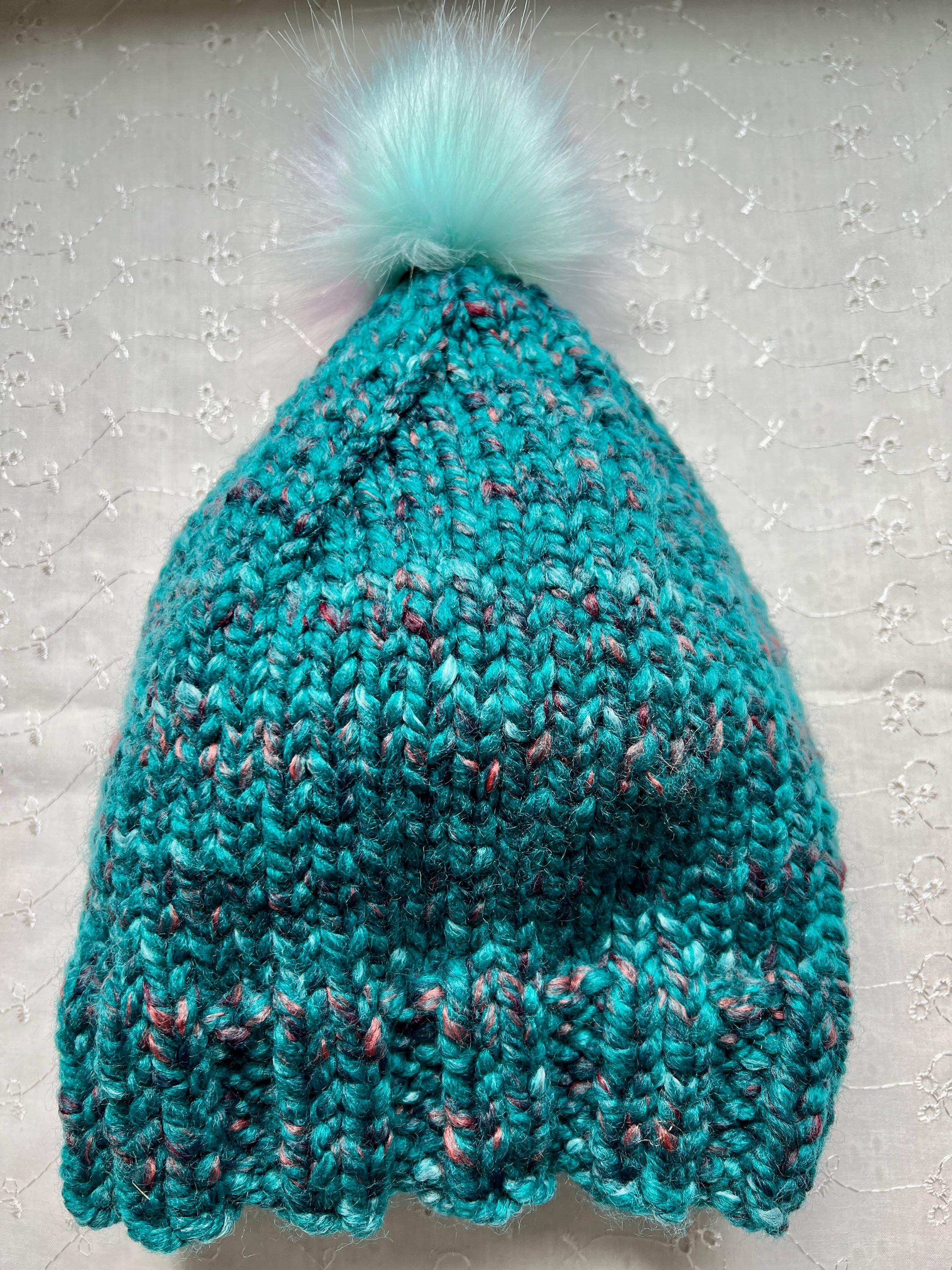 Handmade Knit Hat Blue Teal Ocean Swirl Design Warm Winter Cap Wool Blend Hand knit beach hat with sea creature design main image 2