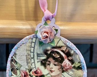 Decoupaged Victorian Lady Ornament, Pink Roses Shabby Chic Barbiecore Doodaba