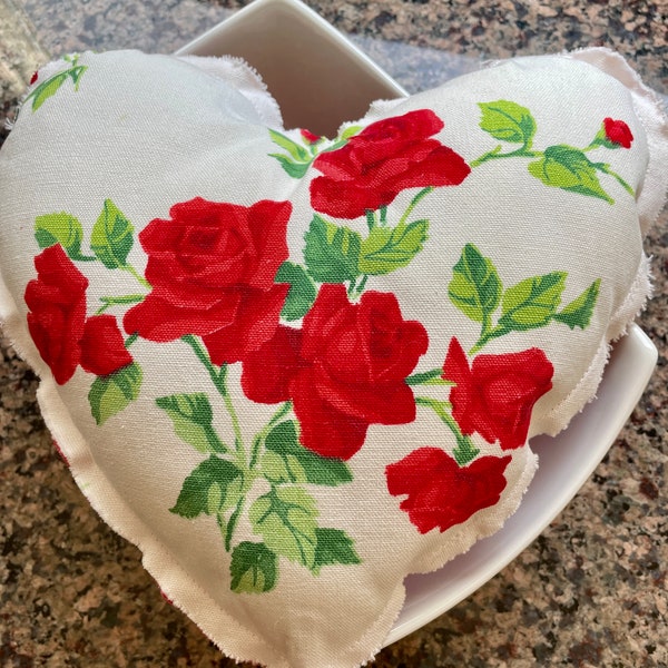 Red Roses White Vintage Wilendur Tablecloth Heart Accent Pillow Shabby Chic Handmade Doodaba