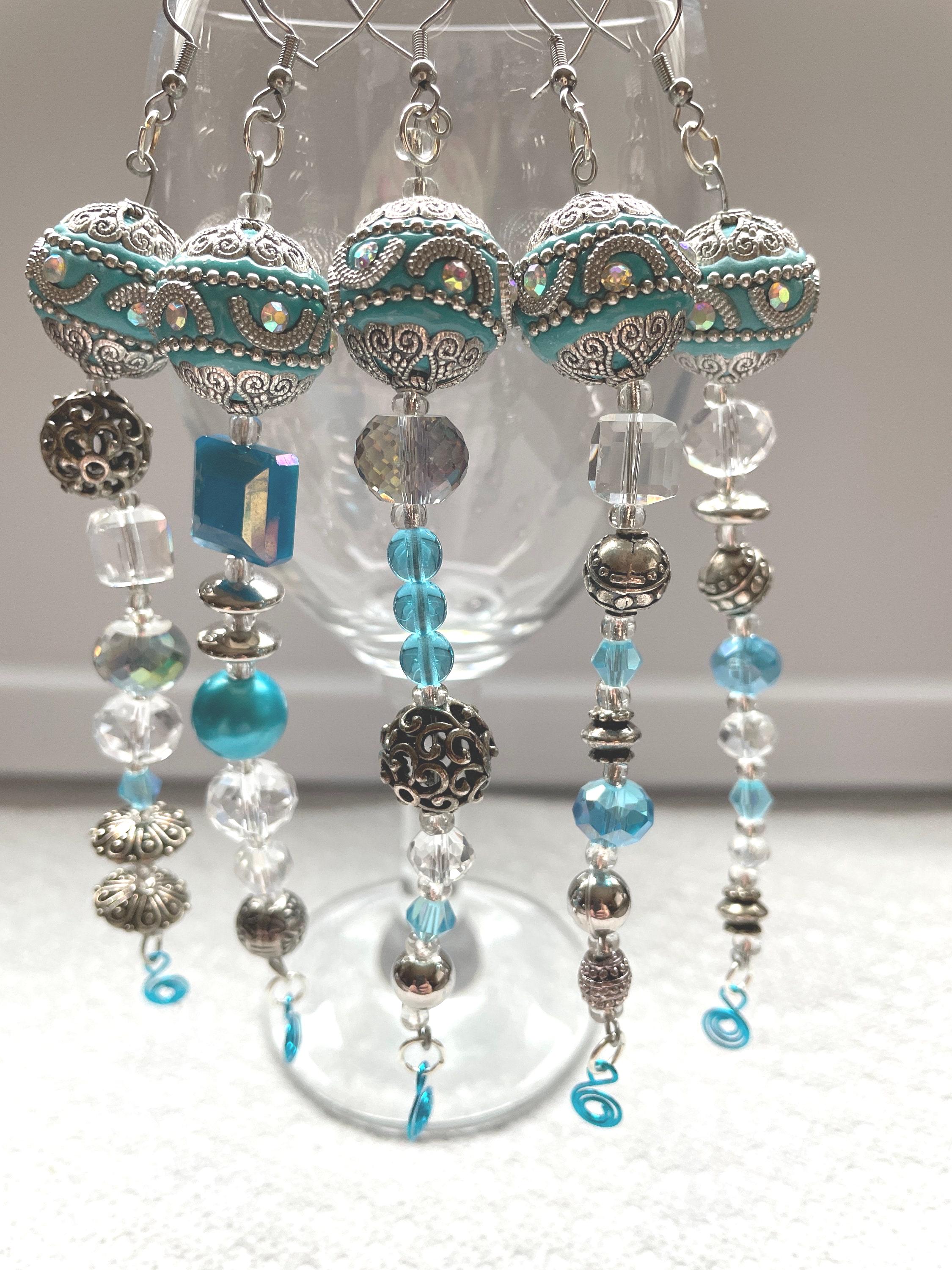 Teal Crystal Icicle Christmas Ornaments: Silver Turquoise Bead Handmade Set