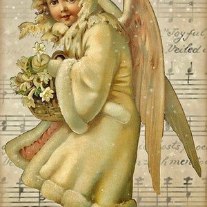Victorian Vintage Winter Christmas Angel Cherub Music Graphic Image Art Fabric Block Doodaba