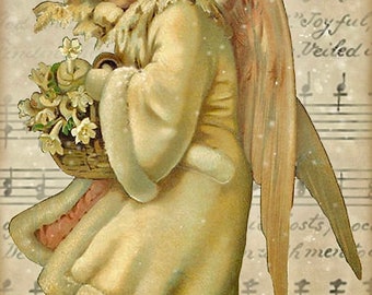 May include: A vintage Christmas card featuring a young angel with wings, wearing a white hooded coat and holding a basket of white flowers. The angel is standing in a snowy scene with a musical score background. The text "Joyful, Veiled" is visible in the upper right corner.