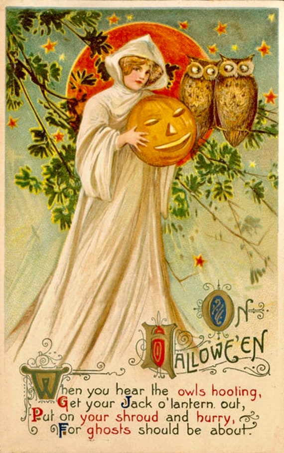 Fabric Block Halloween Vintage Postcard Image Witch Hanging Jack o Lanterns