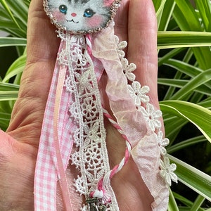 Victorian Vintage Paper Doll Vintage Image Cat Pink Ribbons German Glass Glitter Ephemera Card Stock Ornament Shabby Chic Handmade Doodaba