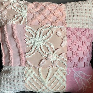 Pink Mauve Vintage Cotton Chenille Patchwork Shabby Chic Pillow Handmade Doodaba Lake Patio Porch Baby