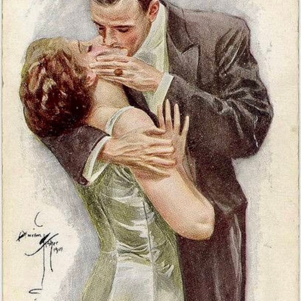 Vintage Victorian Harrison Fisher Couple Man Woman Valentine Graphic Image Art Fabric Block Doodaba