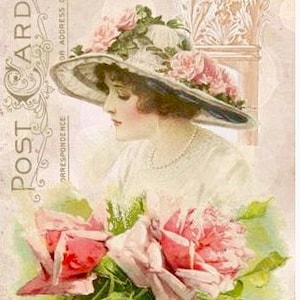 Vintage victorien femme dame fille roses roses carte postale image graphique art tissu bloc Doodaba Barbiecore