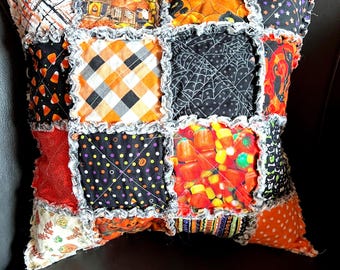 Halloween Ragged Edge Rag Quilted Patchwork Pillow Doodaba
