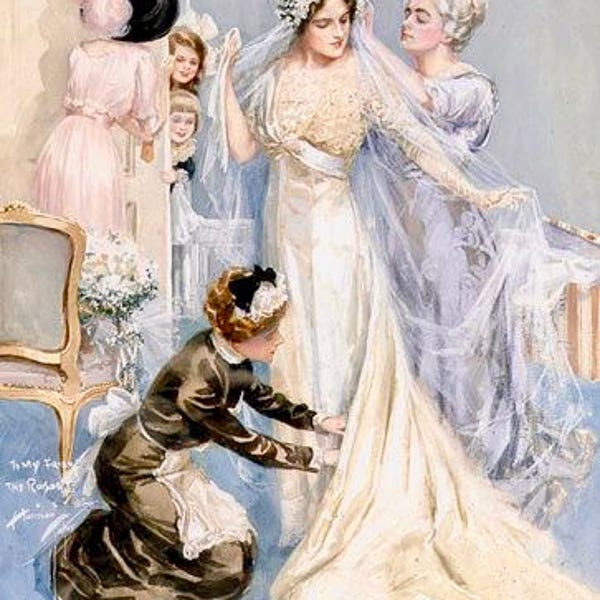 May include: A bride in a white wedding dress with a long veil is being helped by a bridesmaid in a light blue dress. A maid of honor is helping to adjust the veil. Two young girls are standing in the background.