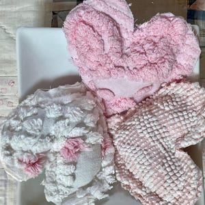Pink Primitive Set of Three 3 Vintage Cotton Chenille Heart Fabric Dough Bowl Filler Ornie Tiered Tray Shabby Chic Handmade Doodaba