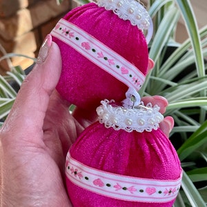 Christmas Pink Velvet Fuchsia White Pearls Hearts Trim Ball Ornaments Set of 2 Shabby Chic Shatterproof Handmade Doodaba