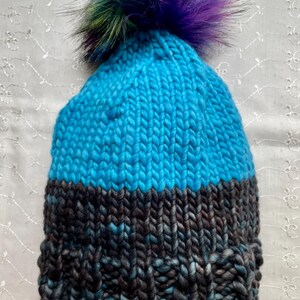 Hand Knit Turquoise Merino Wool Beanie: Malabrigo Rasta Yarn Pompom