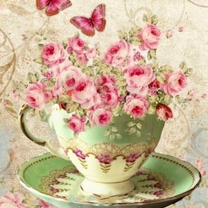 Vintage Victorian Pink Roses Teacup Butterflies Graphic Image Art Fabric Block Shabby Chic Doodaba Barbiecore