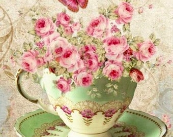Vintage Victorian Pink Roses Teacup Butterflies Graphic Image Art Fabric Block Shabby Chic Doodaba Barbiecore