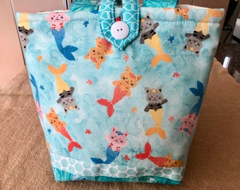 Aqua Cats Fish Blue Tote Bag Handmade Doodaba Handbag