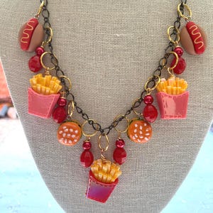 Hot Dog Hamburger French Fries Statement Assemblage Necklace Doodaba