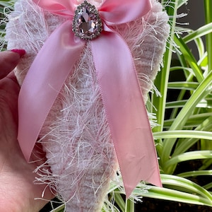 Valentine Pink Chenille Chunky Wrapped Lacy Eyelash Yarn Primitive Heart Rhinestone Button Ornament Shabby Chic Barbiecore Handmade Doodaba