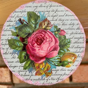 Victorian Vintage Pink Roses Image Script Scrap Relief Words Die Cut Decoupaged Ephemera Glitter Wood Ornament Shabby Chic Handmade Doodaba