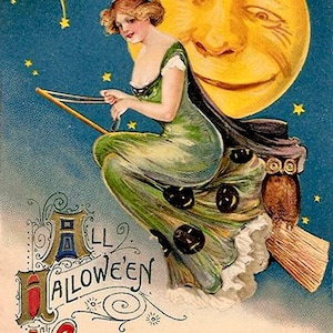 Vintage Victorian Halloween Witch Witchcore Broom Stars Moon Graphic Image Art Fabric Block Doodaba 4&quot; by 6&quot;