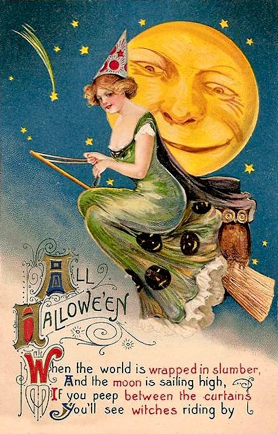 Fabric Block Vintage Halloween Little Witch Black Cat Moon Red Cape