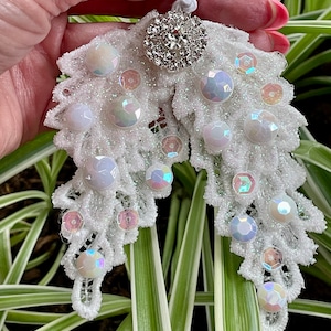 Angel Wings Silver Rhinestone Button Opal Sequins Lace Christmas Keepsake Ornament Shabby Chic Handmade Doodaba