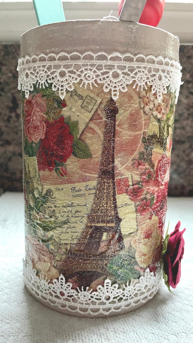 Eiffel Tower Paris Roses Decoupage Can, Shabby Chic Organizer - Etsy