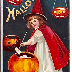 Vintage Halloween Fabric Block: Witch & Pumpkins Graphic (4x6&quot;)