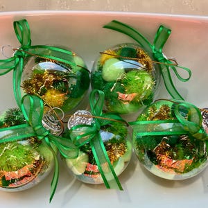 Green Saint Patrick Pom Pom Filled 5 Five Acrylic Shatterproof Ornaments Set Shabby Chic Handmade Doodaba