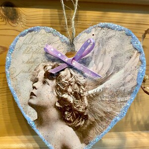 Vintage Angel Ornament, Decoupaged Wood Heart, Shabby Chic Christmas Decor