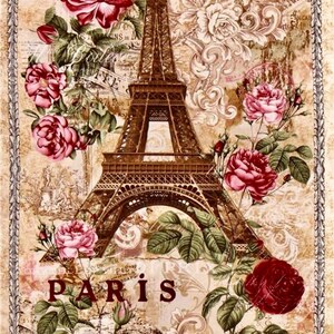 Torre Eiffel Paris França Rosas Rosas Gráficas Imagem Arte Tecido Bloco Doodaba 6,5 x 10 Barbiecore