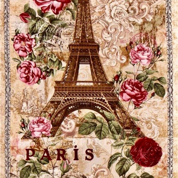 Vintage Eiffel Tower Paris France Pink Roses Graphic Image Art Fabric Block Doodaba 6.5 x 10