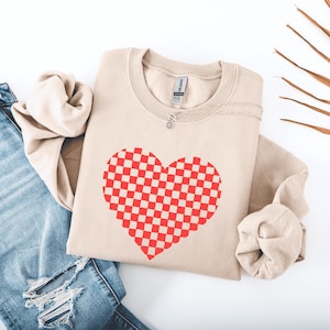 Sweat-shirt à carreaux coeur Saint-Valentin, cadeau mignon doux et confortable pour femme, pull à col rond unisexe personnalisé