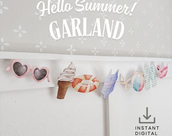 Hello Summer Sign Printable Garland Banner; Summer Party Decor; End of School Year Party Banner; Summer Party Decor; Beach Party Decor