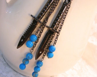 Hunting Knife Charm Pendant Pierced Earrings Turquoise Beads