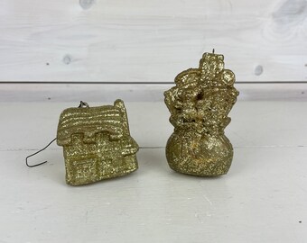 Pair of vintage gold glitter Christmas tree hanging ornaments