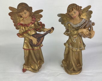 Vintage molded hard plastic resin gold Angel Figurines with musical instruments