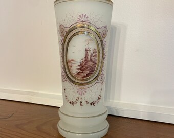 Vintage Opaline Victorian French white glass vase with purple Castle Scene