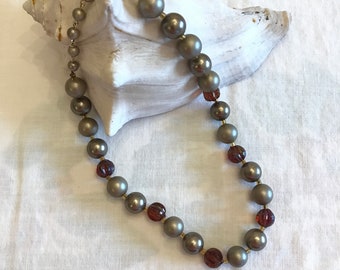 Vintage silvery metallic and brown plastic beaded choker necklace