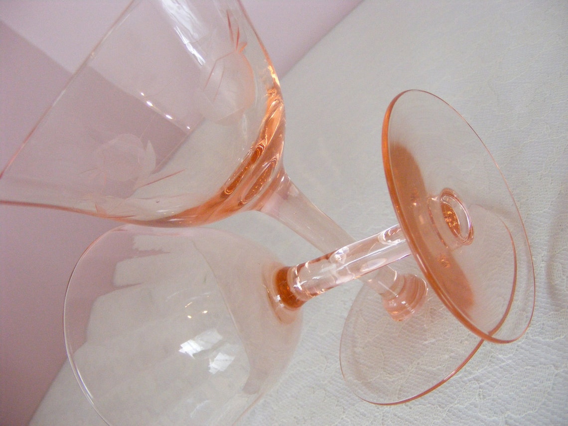 Pink Depression Glass Stemmed Wine Glasses Vintage Etched Etsy